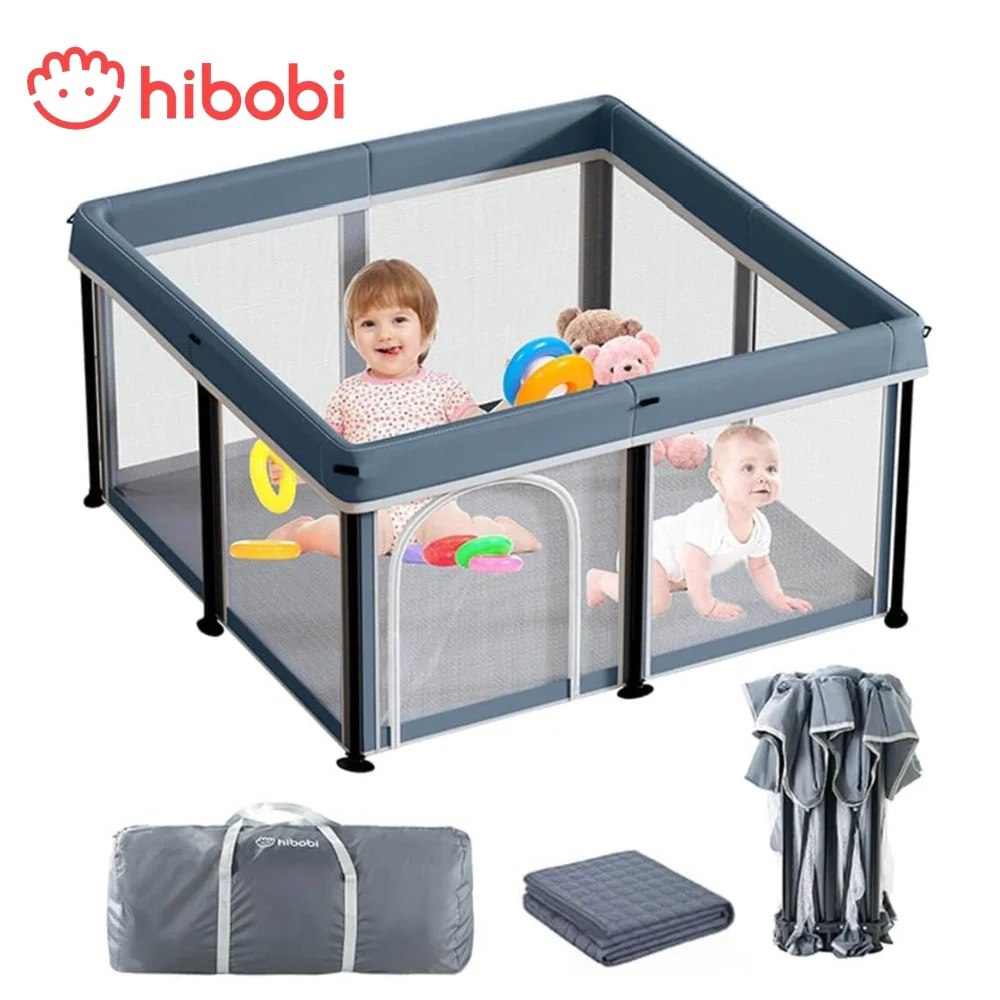 hibobi Easy Fold-Unfold Playpen Baby Playpen With Detachable Thicken Mat, Storage Bag, 120X120X66CM