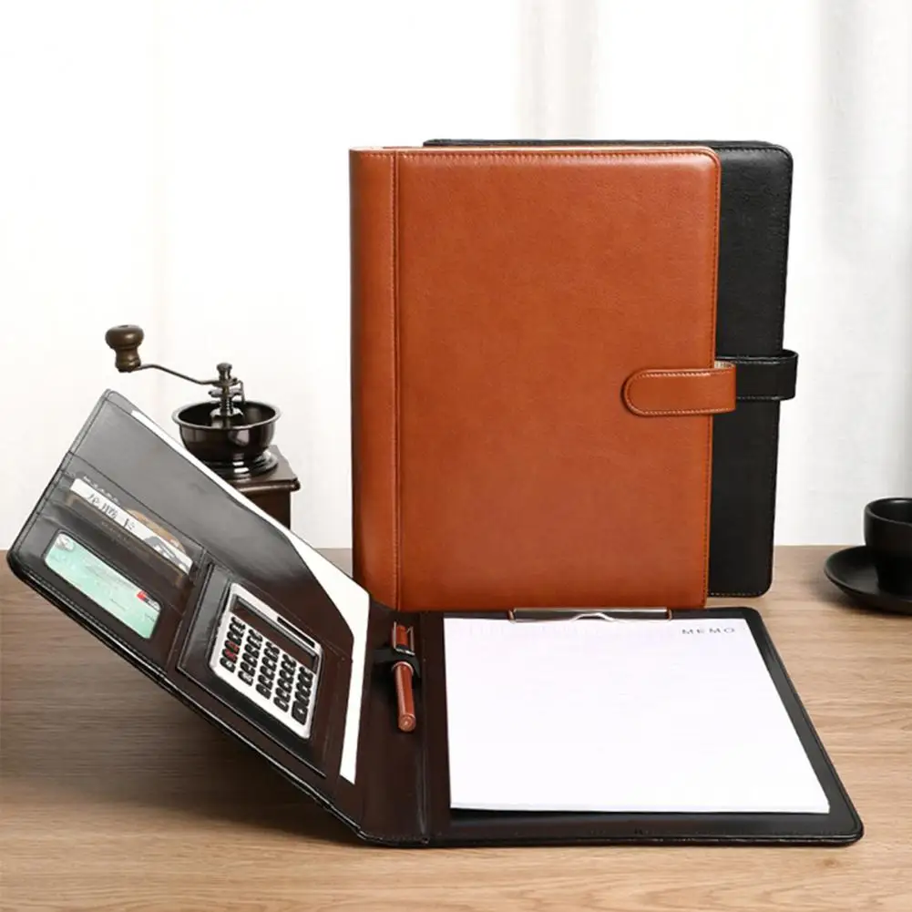 Cuaderno multifuncional A4, con calculadora carpeta de documentos, ranura para bolígrafo, soporte para tarjetas, carpeta de archivos con Clip para documentos