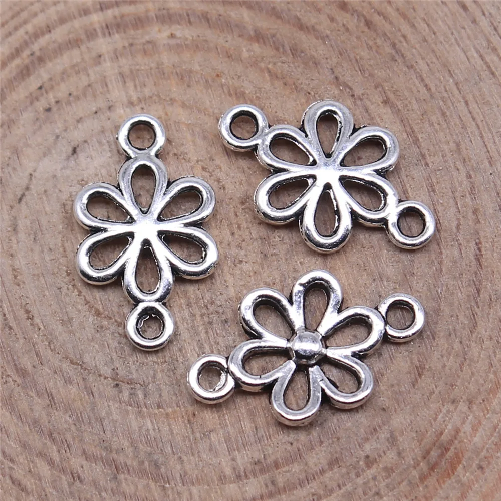 50Pcs/Lot 15*9mm Hollow Flower Metal Charm Connector Antique Silver Color Making DIY Handmade Tibetan Jewelry DIY