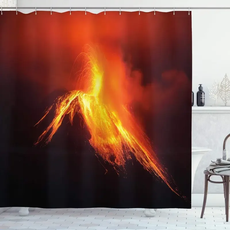 Volcano Shower Curtain Tungurahua Volcano in Ecuador Exploding at Night Nature and Geology Fabric Bathroom Decor Set with Hooks