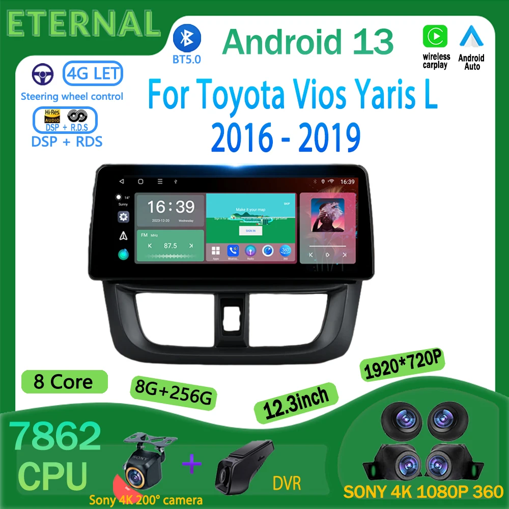 

Автомагнитола на Android для Toyota Vios Yaris L 2016-2019, мультимедийный видеоплеер с навигацией, GPS, без DVD, для Carplay 4G BT, головное устройство