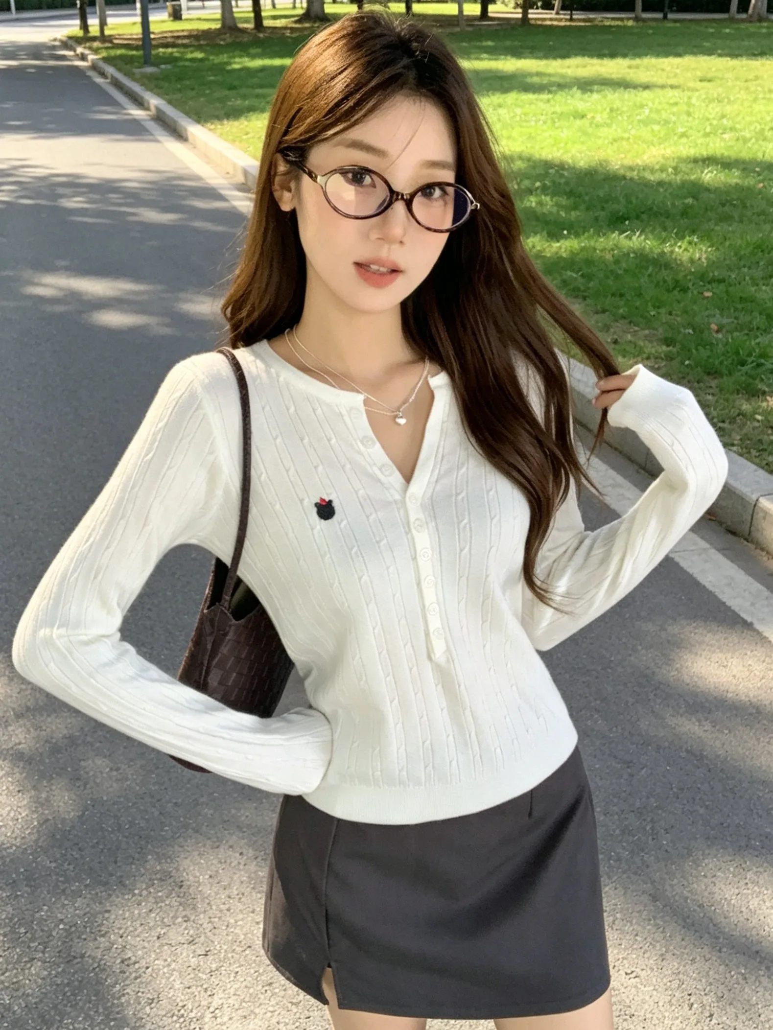 

White Long Sleeve Embroidered Knitted Top Women's Slim Fit Base Layer Shirt Casual Style Half Open Collar Design Sensation