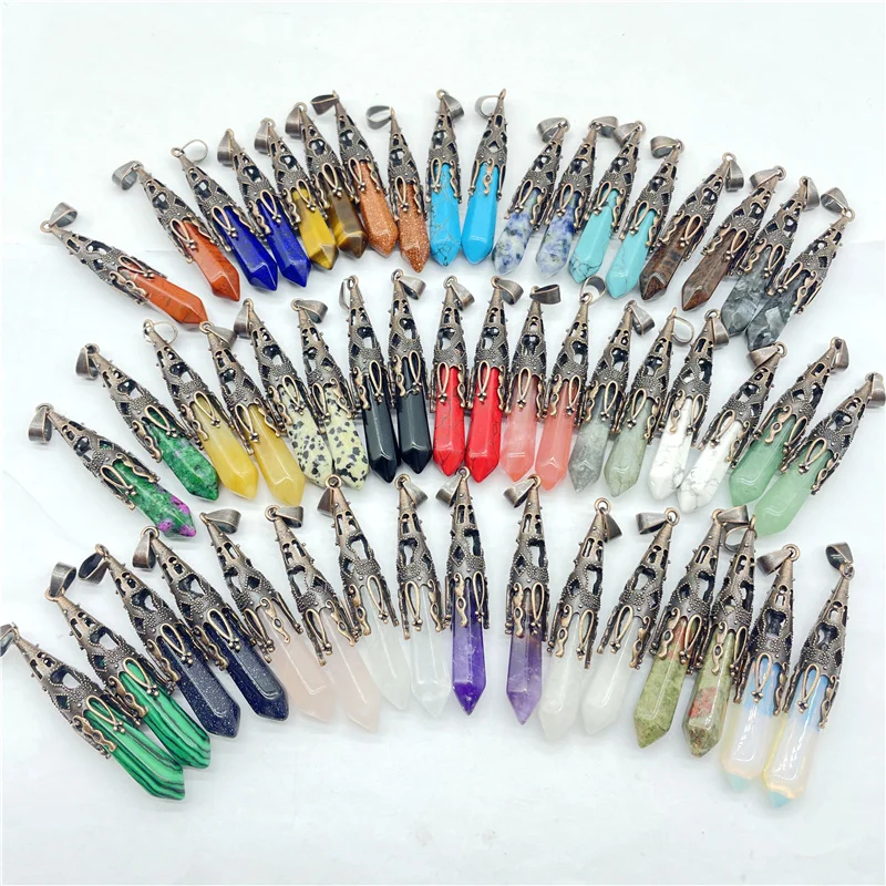 Natural Gem Stone Quartz Crystal Turquoise Pendulum Hexagon Suspension Pendant For DIY Jewelry Making Necklace Accessories 20Pcs