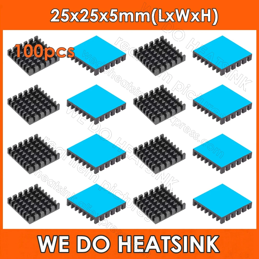 

WE DO HEATSINK 100pcs 25x25x5mm Black Slotted Anodized Aluminum Heatsink IC CPU Radiator With Thermal Double Sided Adhesive Tape