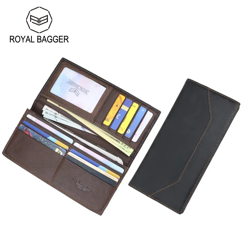 

Royal Bagger Slim Long Wallet for Men Genuine Cowhide Crazy Horse Leather Vintage Card Holder Large Capacity Phone Purse 1449