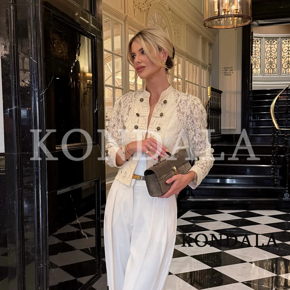 KONDALA Women Vintage Chic Lace Jacket 2026 Summer Early Fall Trendy Elegant Dating Dinner Jacket Rope Buttons Trim Slim Jacket