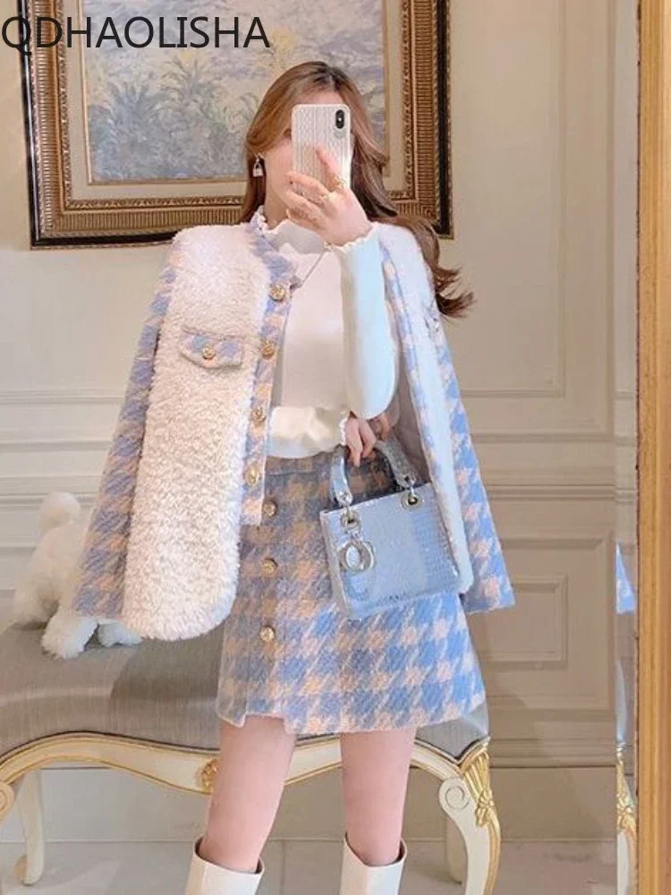 

Two Piece Set for Women Skirt Coat Autumer Winter Elegant Korean Women's Sets To Dress Lamb Hair Plaid High Waist Hip Wrap Skirt