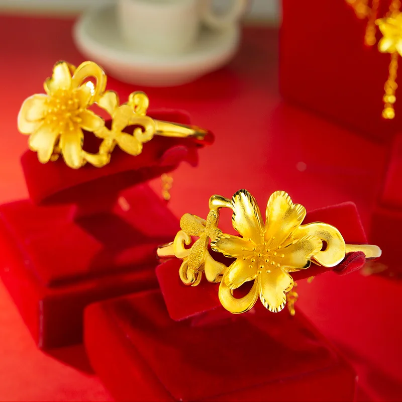 9999 gold flower bracelet - luxurious and fashionable open-ended wristband - perfect for brides during their pre-wedding