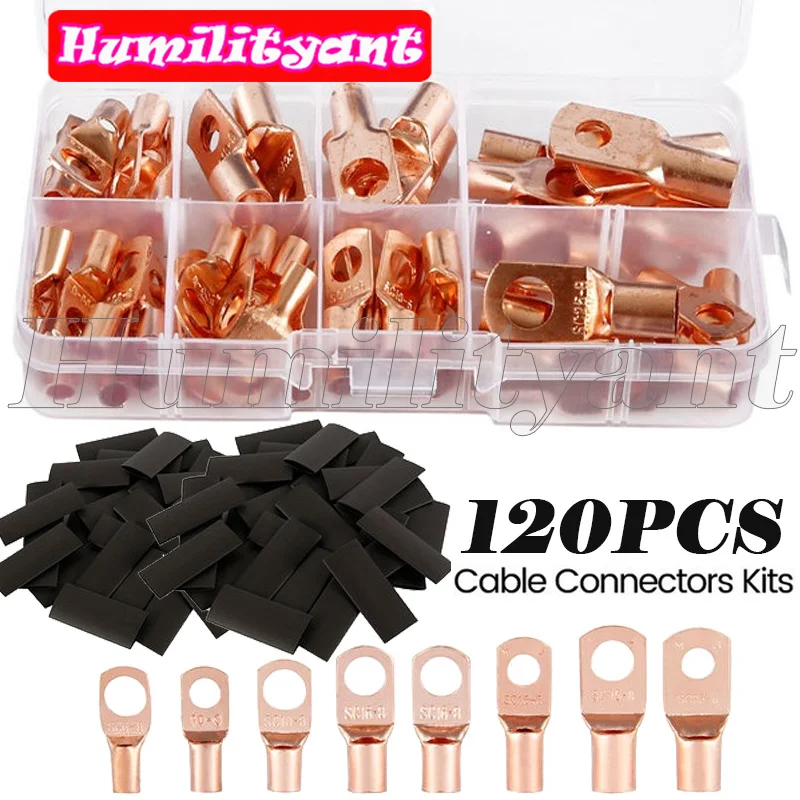 

60Pcs Copper Ring Terminal Wire Crimp Connector Bare Cable Battery Terminal Soldered Connectors With 60 Pcs Heat Shrink Tube