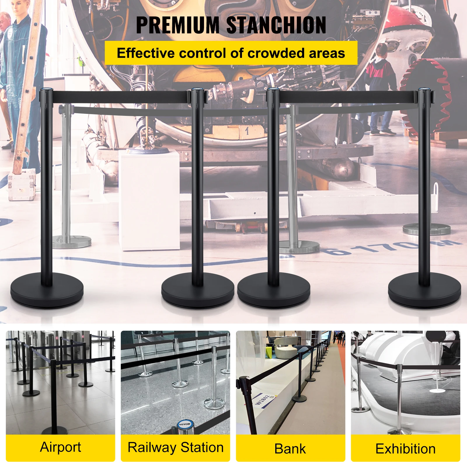 VEVOR 4Pcs Queue Security Posts Crowd Control Stanchion Barriers Stand Crowd Barrier With Adjustable Belt for Party Exhibition