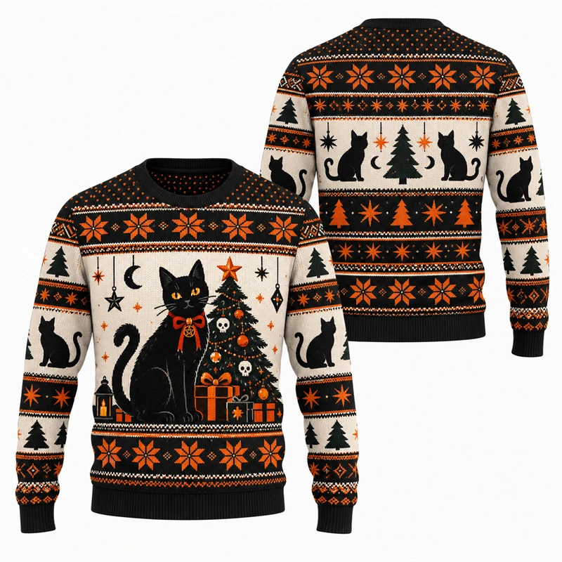Black Cat Graphic Ugly Christmas Sweatshirt Unisex 3D Print Cute Kitten Pattern Men Fall New Long Sleeve Holiday Party Pullover