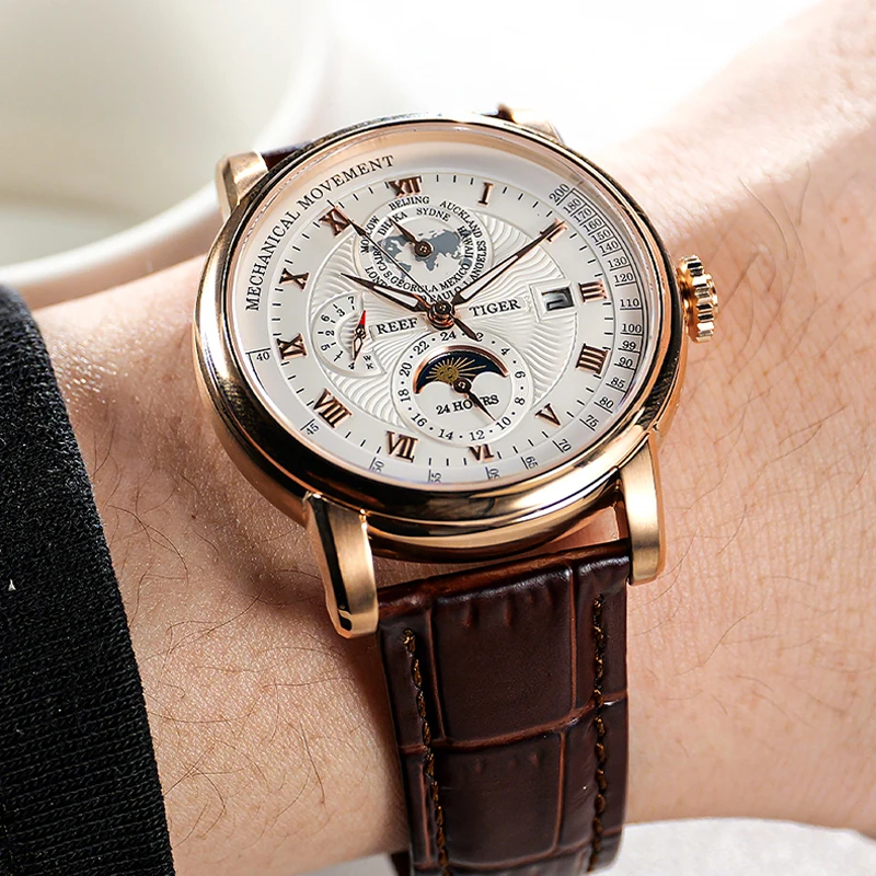 Reef Tiger/RT reloj mecánico automático clásico para hombre, correa de cuero genuino, cristal de zafiro, resistente al agua, multifunción