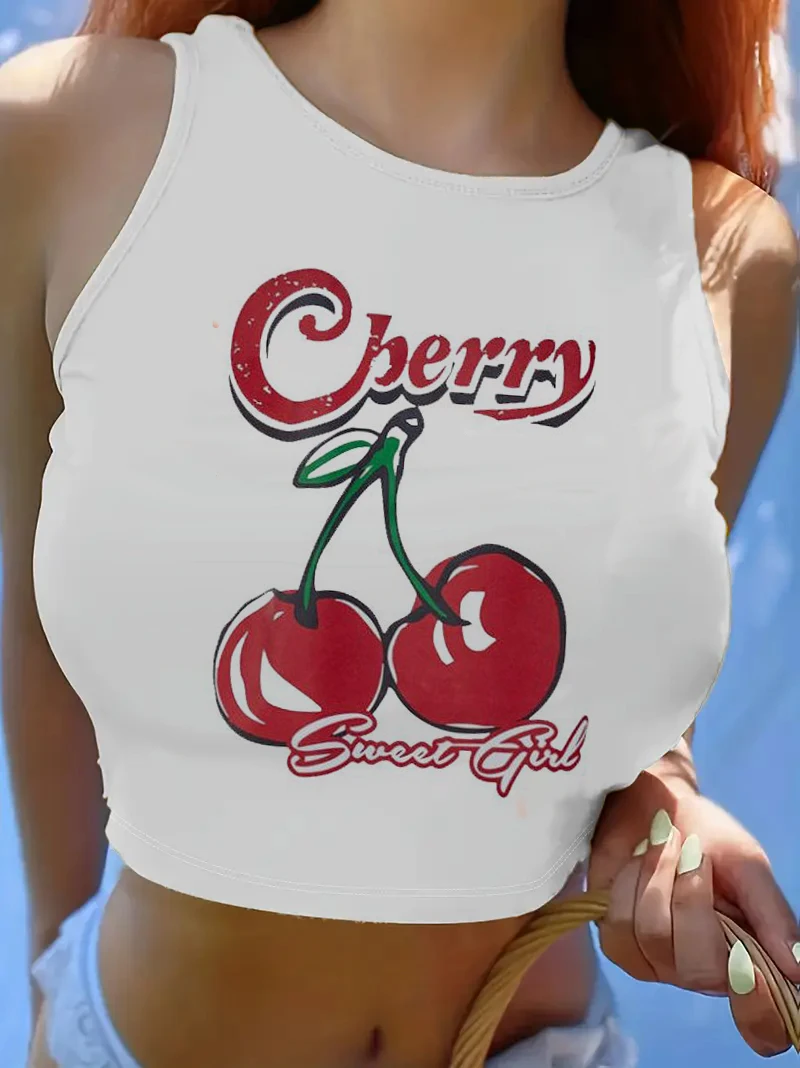 

Fashion Sweet Cherry Printed Crop Top Vest Women's Print Tank Top Round Neck Sleeveless Shirt Cropped T-shirt