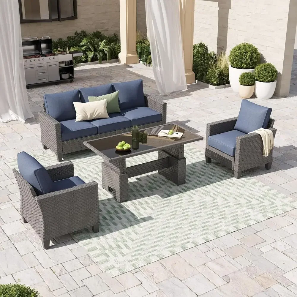 

4-Piece Grey Wicker Patio Furniture Set with Blue Cushions and Lit Coffee Table