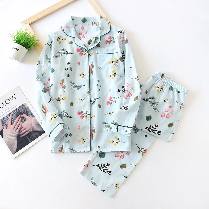 M-XXXL Size spring summer pajamas two-piece ladies 100% cotton gauze long-sleeved trousers simple flowers loose home service set