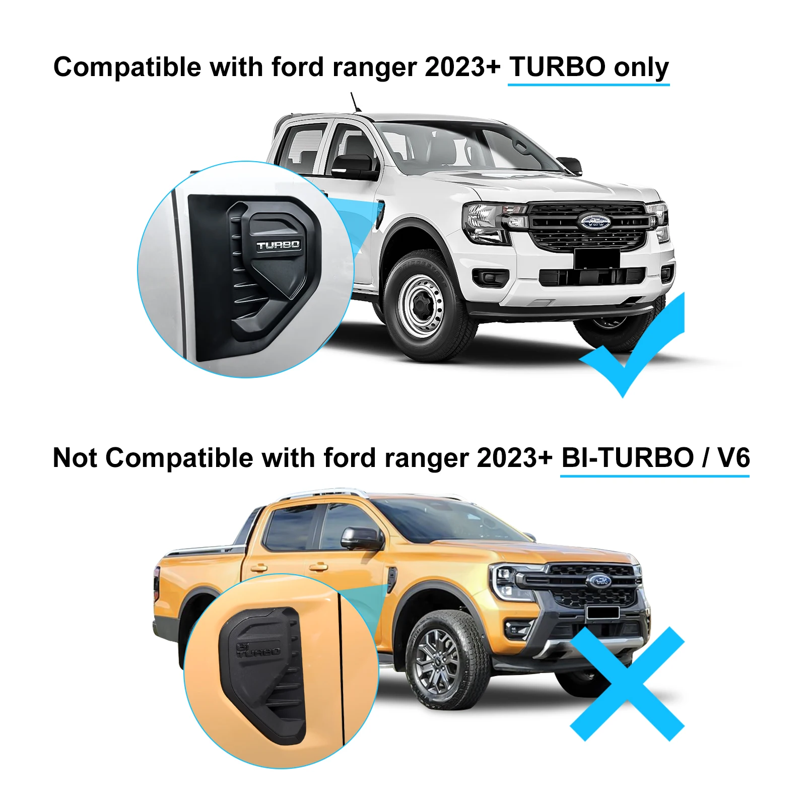 2 uds cubierta de ventilación lateral embellecedora para Ford Ranger 2023 + T9 XLT Wildtrak versión TURBO tira de salida de aire lateral