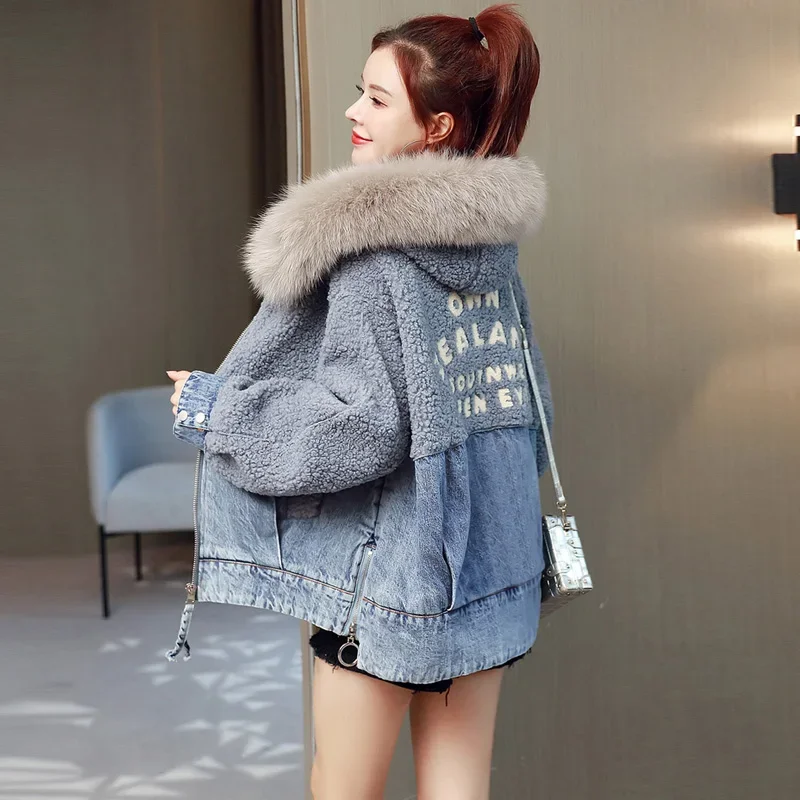 Korean Version Patchwork Denim Jacket for Women's Winter Lamb Hair Short Parka Letter Hooded Jacket for Women's Street Wear