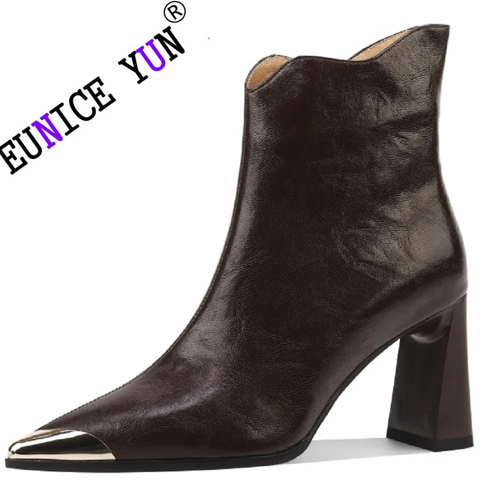 

【EUNICE YUN】Elegant ladies Genuine Leather ankle boots pointed toe side zip low heel short booties high quality new shoes 33-48