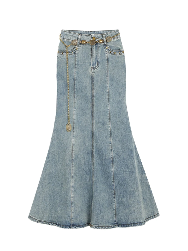 

Summer Women Korean Fashion Slit Midi Trumpet Mermaid Denim Skirt 2000s Aesthetic Design Vintage Slim Jean Skirt Old Money Gyaru