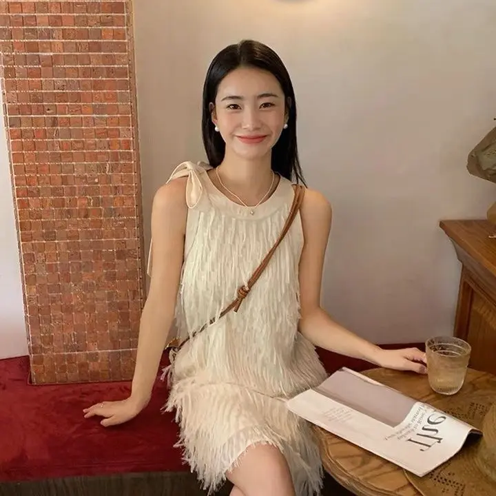 Korejpaa Gentle Summer Dress Elegant Tassel Bow Round Neck Tank Dresses Women Korean Fashion Sleeveless Vestidos De Mujer