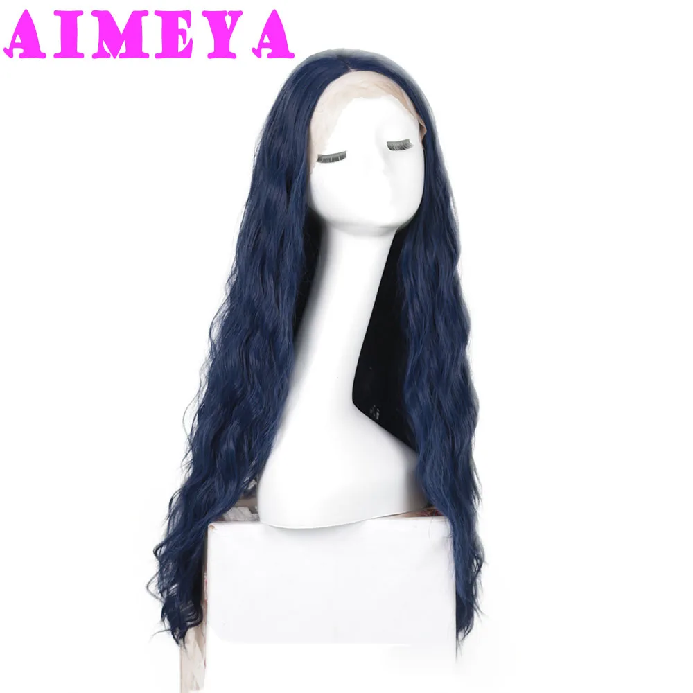 Aimeya วิกผมลอนแบบหลวมสีฟ้าเข้มวิกผมสังเคราะห์ยาวลูกไม้ด้านหน้าผมลอนธรรมชาติใช้ในชีวิตประจำวันทนความร้อน