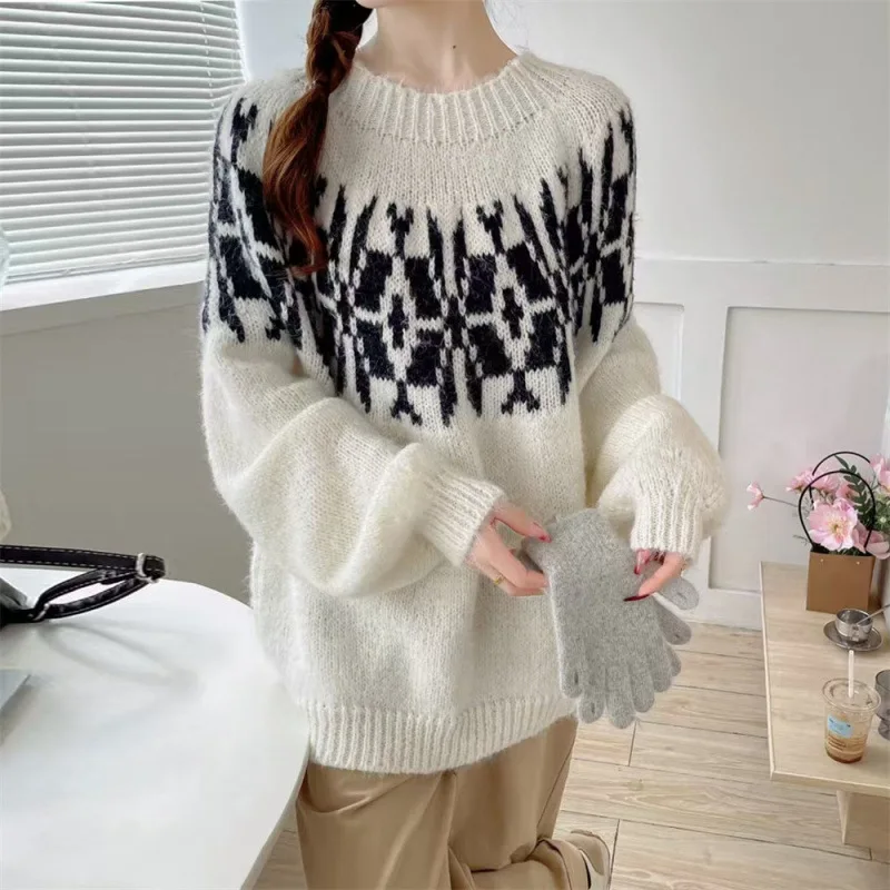 

2025 Autumn and Winter Fashion New Retro Fel Island Jacquard Round Neck Wool Pullover Sweater Warm and Thick Loose Sweater