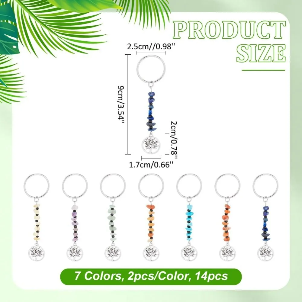 14pcs Tree Of Life Keyring, 7 Colors Natural Stone Keychain Pendant Colorful Gemstone Key Chain Charms Handmade Tree Life