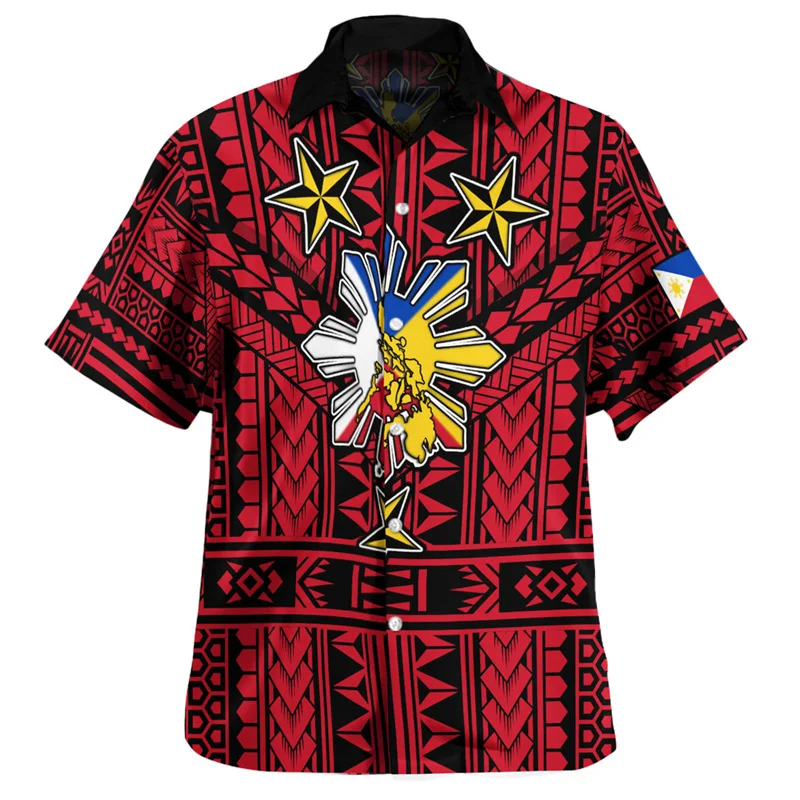 

Philippines Shirts For Men 3d Printed Polynesian Short Sleeves Tops Filipino Sun And Stars Blouse Loose Lapel Hawaiian Shirt