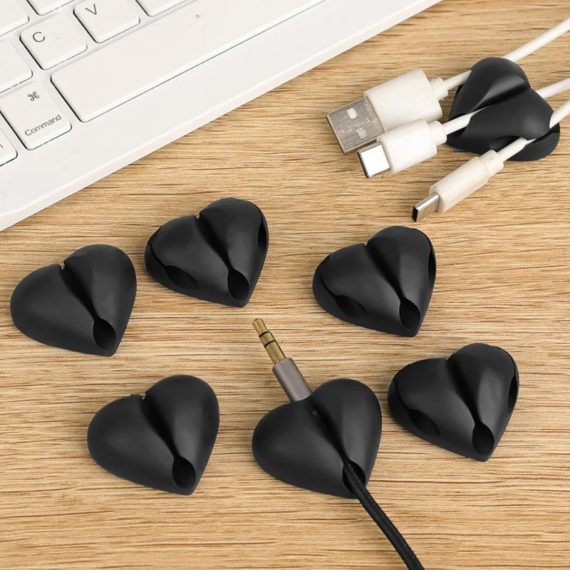 3holes Heart Shaped Desktop Silicone Cable Winder Organizer Holder Cord Management Clips for Mouse Earphone Date Cable