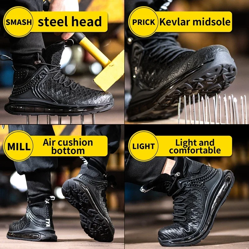 High Top Men Safety Boots Air Cushion Work Boots Anti Smashing Anti Piercing Protective Shoes Security Sneakers Large Size 49 50