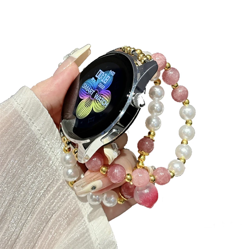 Correia de corrente de contas rosa para mulheres, pulseira, pingente de pêssego doce, Huawei GT4, GT3, GT2, ajuste 2, 18mm, 20mm, 22mm, 41mm