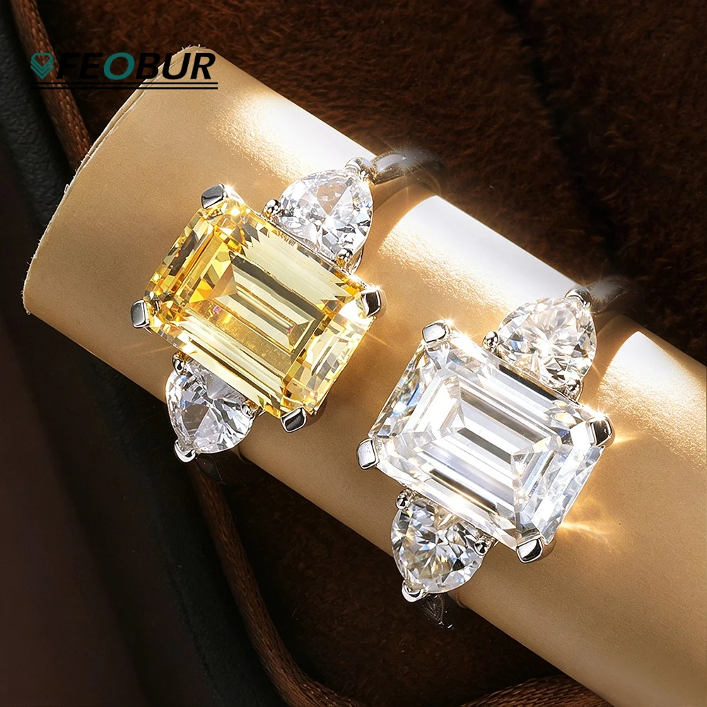 4.5CT Emerald Cut Full Moissanite Rings  for Women Yellow Zircon Baguette Three Stone 925 Sterling Silver Wedding Band Jewelry