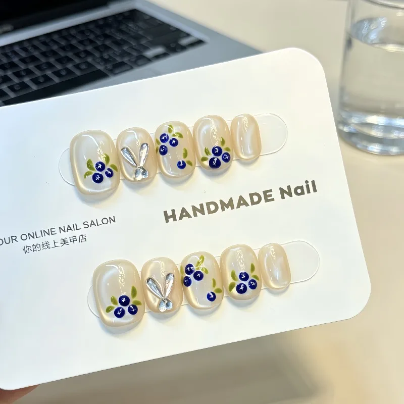10pcs Handmade Nails Hand-painted Blueberry Cat-eye Gel Nails—cute Press-on Nails Perfect As Gifts for Girls and Friends