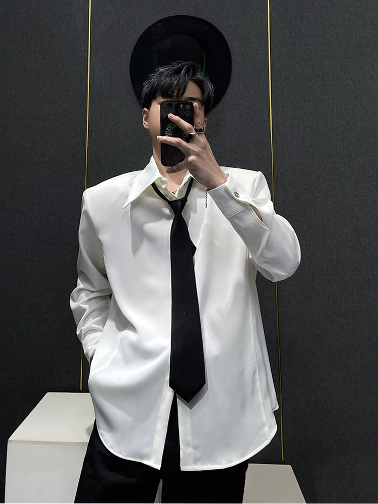 

White Long Sleeve Shirt Men's Spring New Loose Simple High Pure Color Cardigan Fashionable Shoulder Pad Design Tie Design