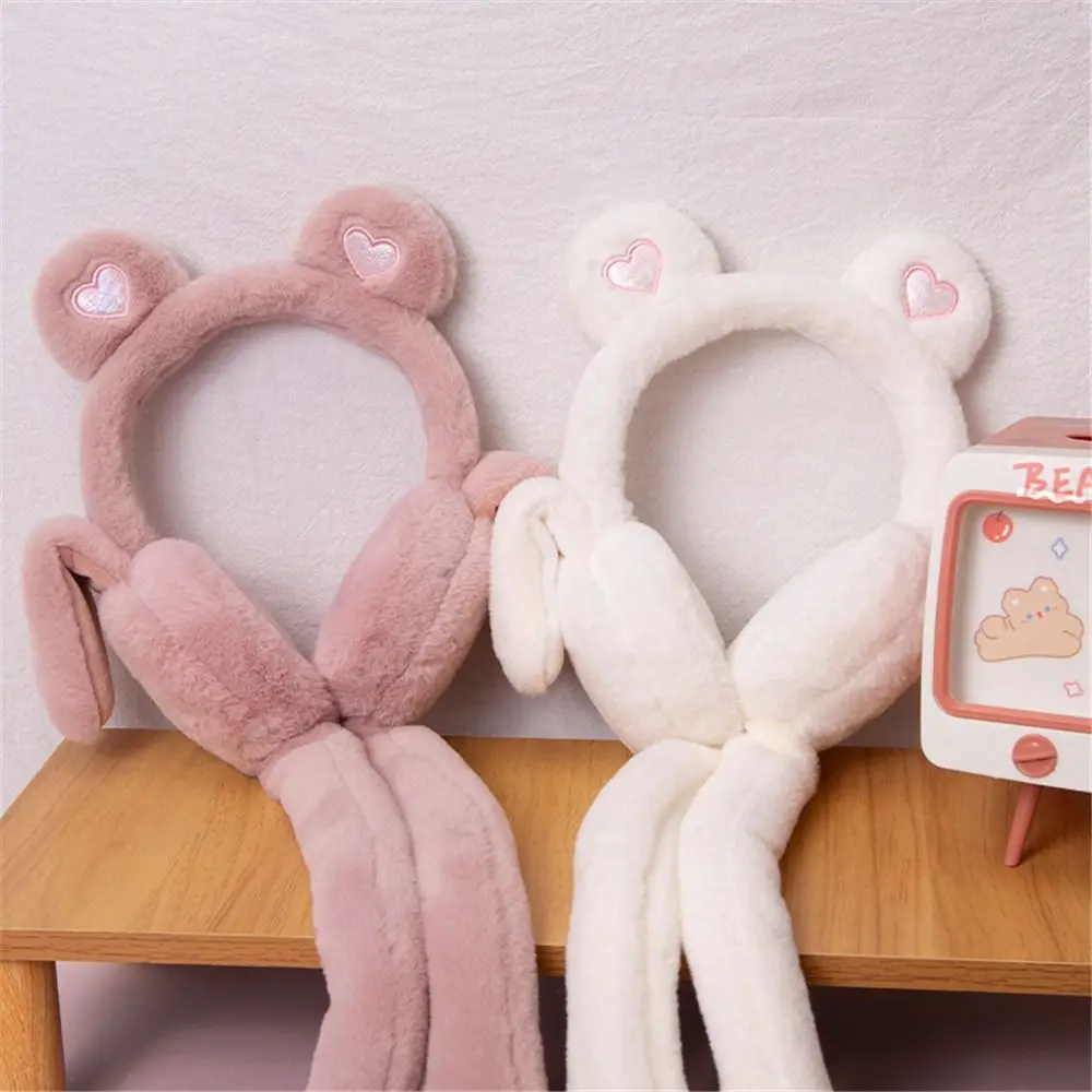 Cute Moving Jumping Ears Winter Warm Earmuffs Heart Bear Airbag Plush Ear Muffs Outdoor Ear Covers for Ladies Girls