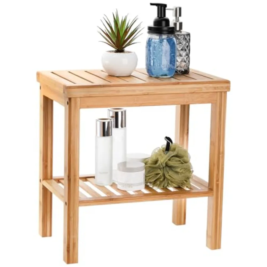 Banco de Ducha de Bambú, Asiento de Baño, Taburete de Spa, Reposapiés, Taburete para Afeitar, Estante de Almacenamiento para Champú y Toallas, Ideal para Baño y Sala de Estar