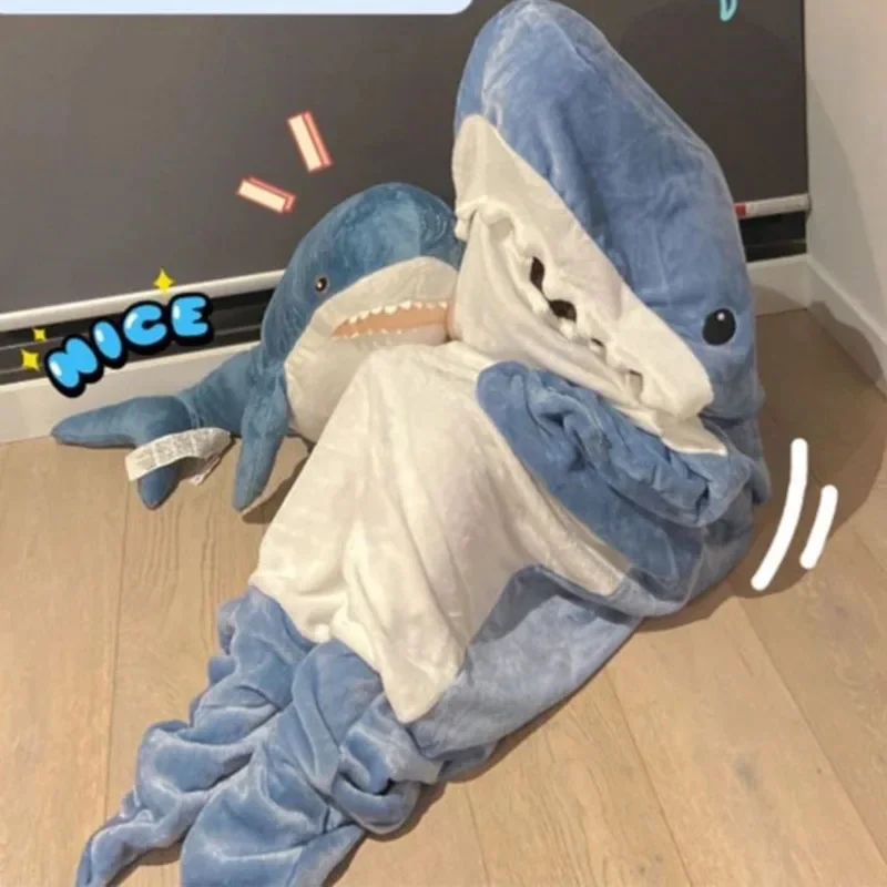 Shark Flannel Blanket Wearable Winter Warm Hooded Playsuit Onesie Fun Sleeping Bag Slumber Party Homewear Plush Thick Sleepwear