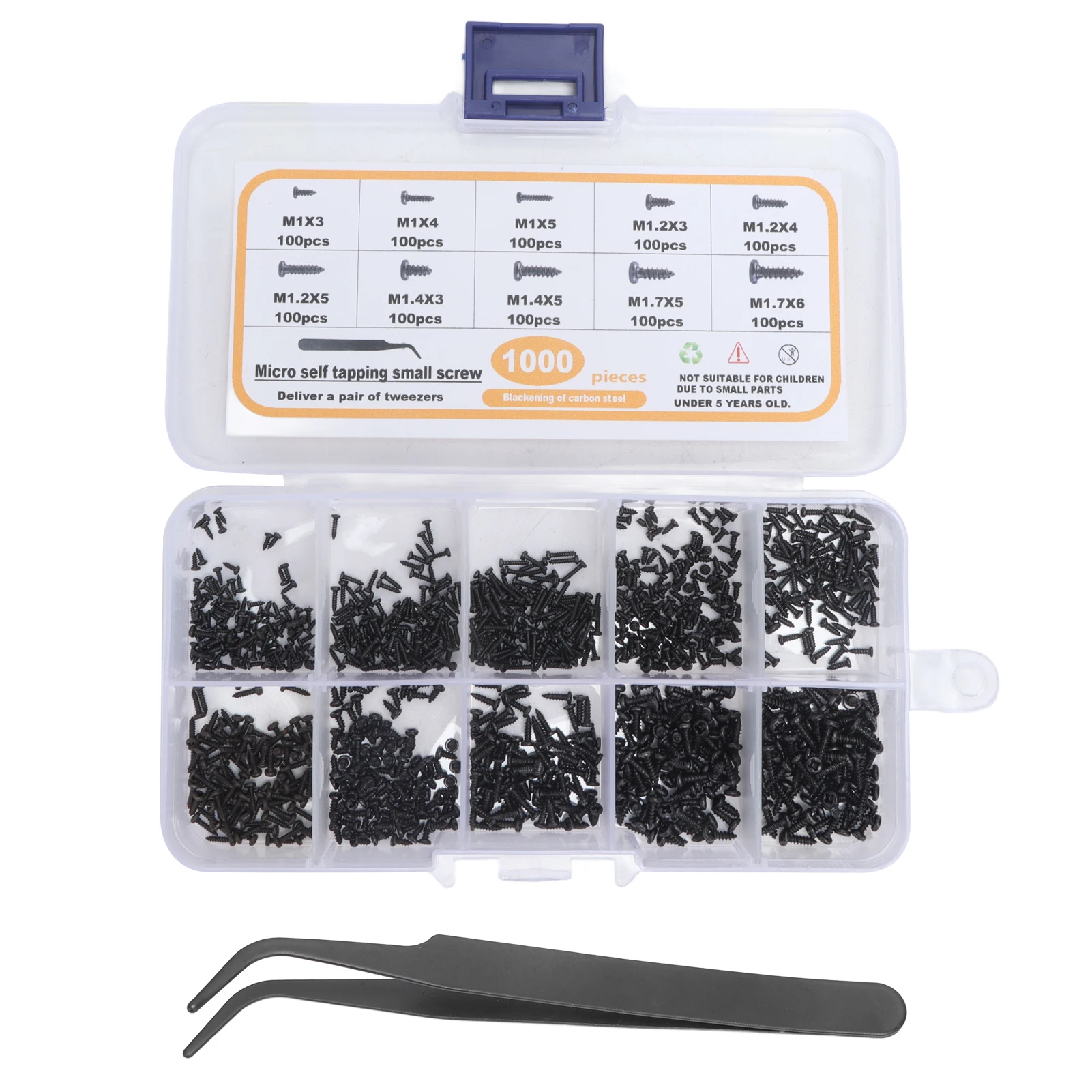 1000 stuks zelftappende kleine schroeven assortiment M1 M1.2 M1.4 M1.7 zwarte pankop met pincet