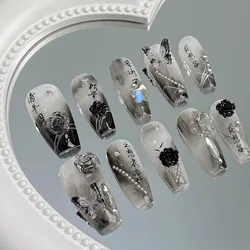 10pcs Handmade Fake nails Black Camellia Flowers Design False Nails New Chinese Gradient Black Clear Butterfly Press on Nails