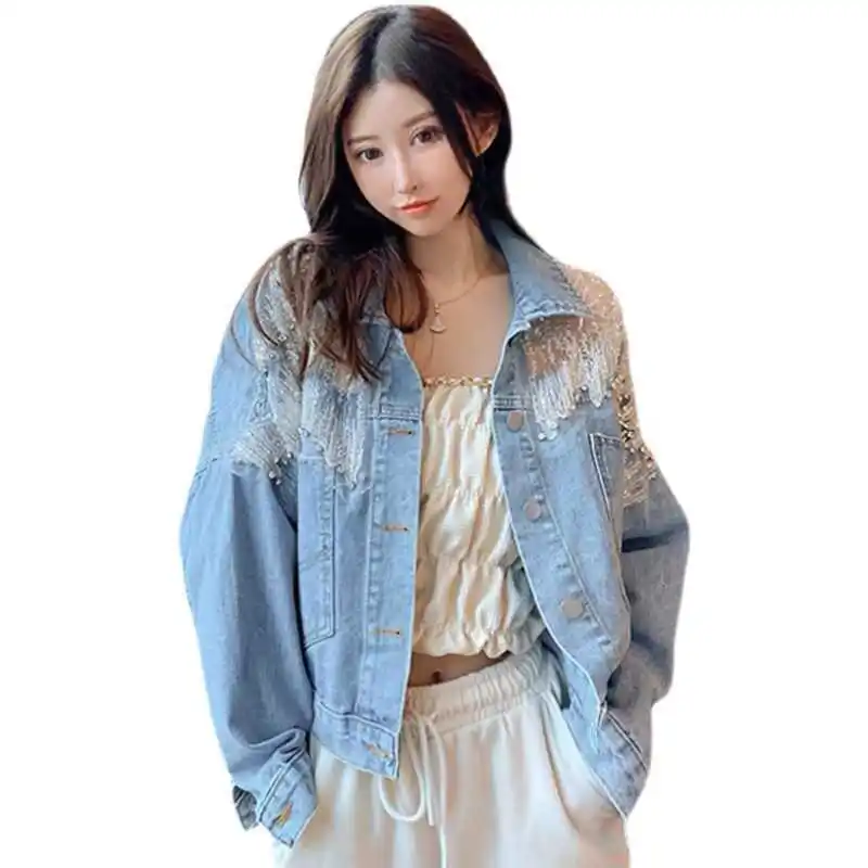 Denim jas damesjas streetwear pailletten enkele rij knopen kraagvorm zakken gewassen patchwork 2025, vintage bovenkleding