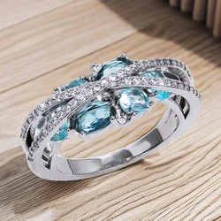 Huitan Cross Band with Blue Cubic Zirconia New Women Rings Fashion Design Female Finger Accessories Daily Wearable Party Jewelry