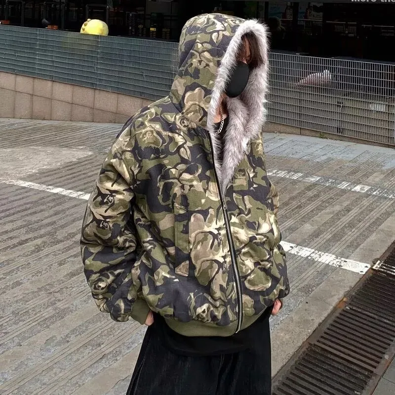 Winter Camouflage Print Casual American Vintage Loose Long Sleeve Zip Up Cotton Jackets Hooded Fur Collar Fashion Warm Outwear