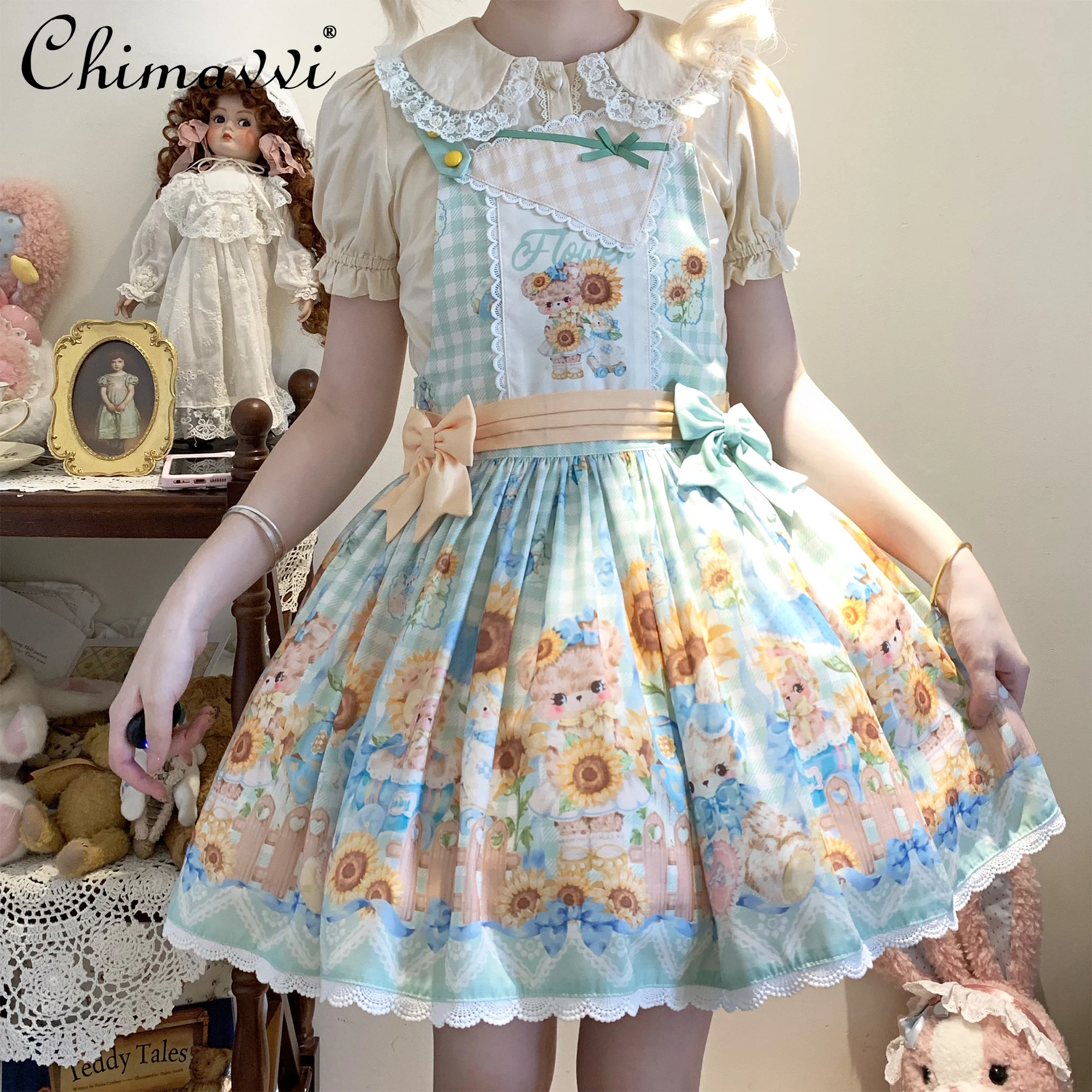 

Sweet Bow Strap Dress for Women 2025 Spring and Summer New Pastoral Style Cute Cartoon Print Lolita Girls Y2k Short Dresses