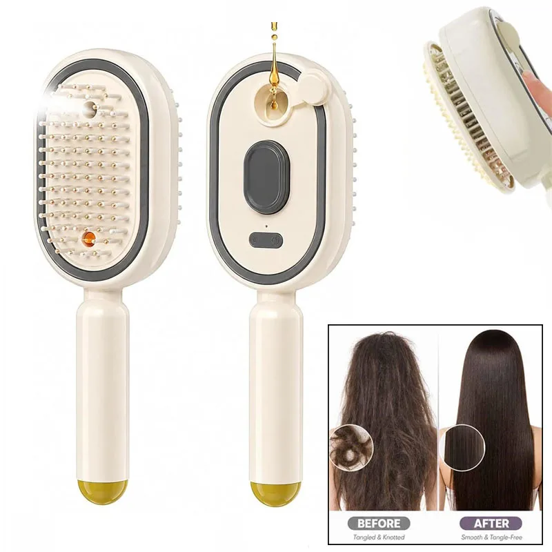 Electric Spray Air Cushion Massage Comb Self-Cleaning Steam Hair Brush Anti-Static Wet Dry Use Scalp Mist Detangling Hair Brush