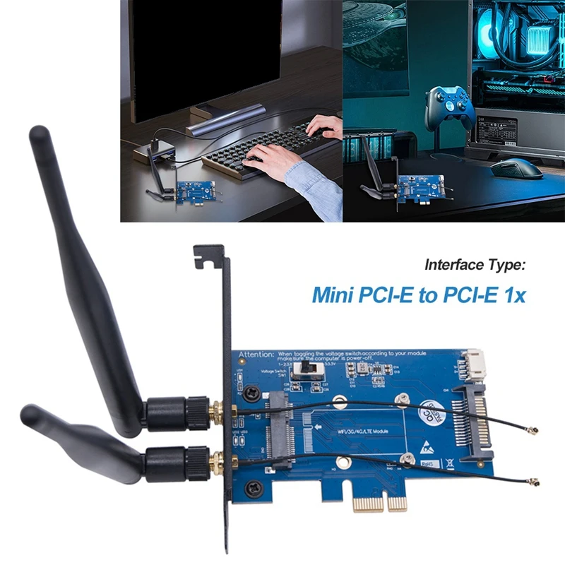 وحدة واي فاي ذكية صغيرة PCI-E Express إلى PCI-E 1X بطاقة محول 3G/4G إلى لوحة تطوير PCI-E 2 هوائيات