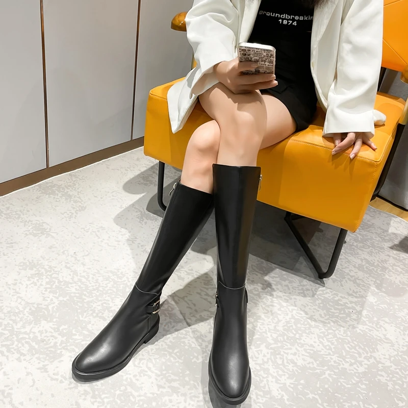 Women Boots Fashion Autumn PU Leather Boots Botas Female Stretch Black Roma Knee-Length Shoes Plus Size 35-43 Zapatos De Mujer