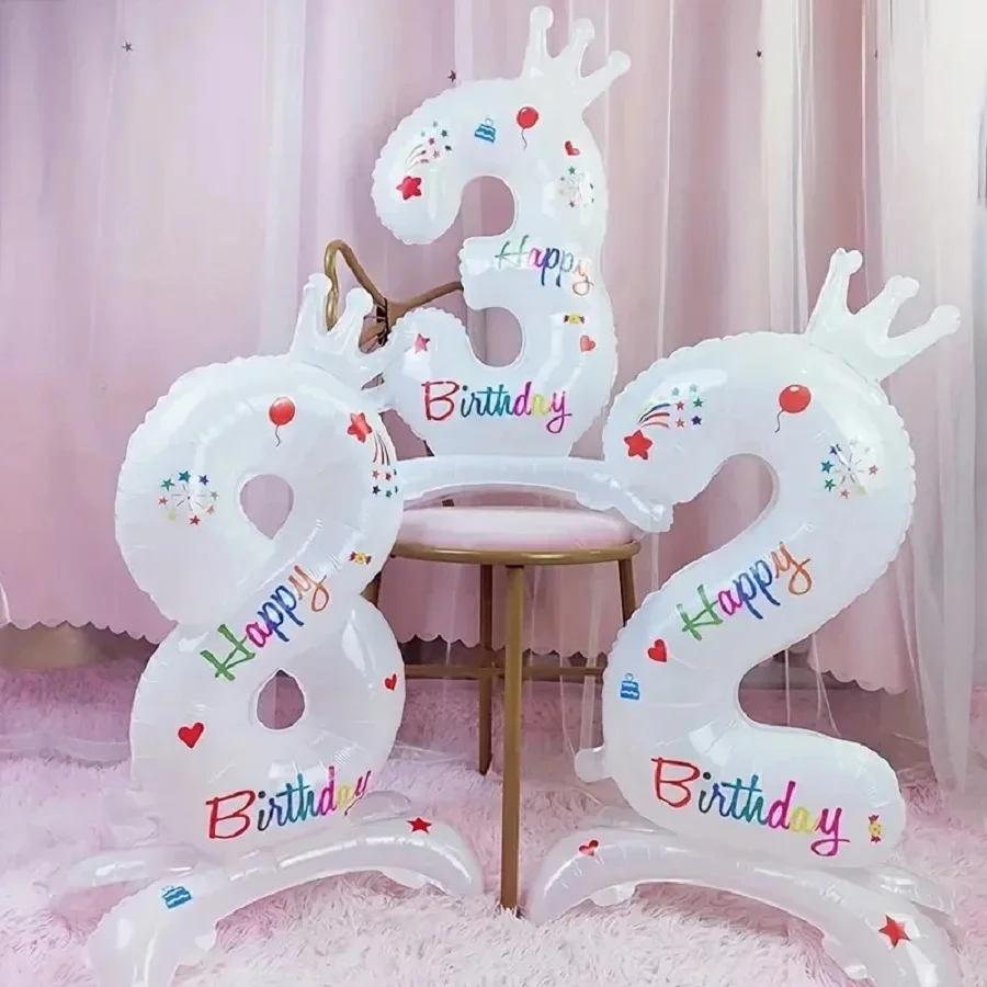 1 Stück 32 Zoll großer weißer Zahlenballon aus Aluminiumfolie mit Aufdruck „Happy Birthday“ und Krone für Geburtstagsfeiern und Jubiläen – Detail 5