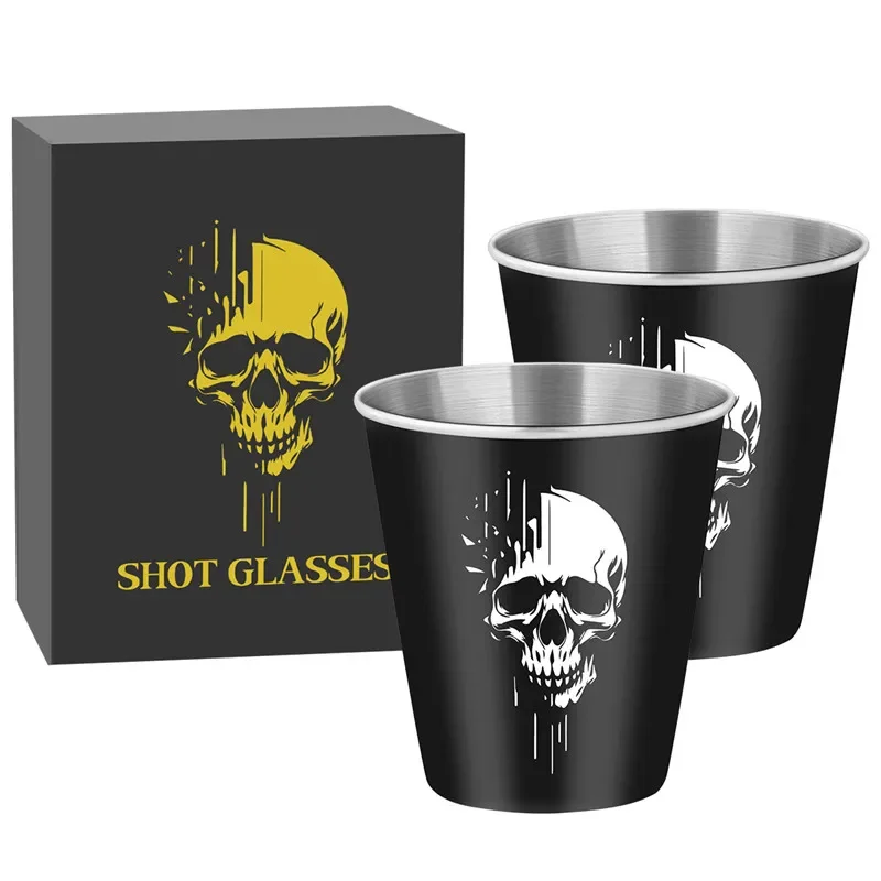 2pcs/set 70ml/2.39oz Aluminum Shot Glasses Gothic Skull Head Pattern Outdoor Hunting Liquor Cups Bar Accessory Wedding Gift Set