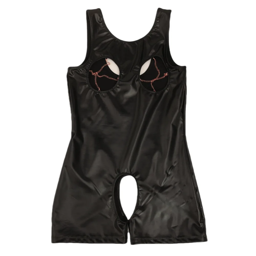 

Flat-Bottom One-Piece Vest Hollow Out Bust Catsuit Playsuit Elastic PU Leather Crotchless Open Crotch Bodysuit Leotard Tights