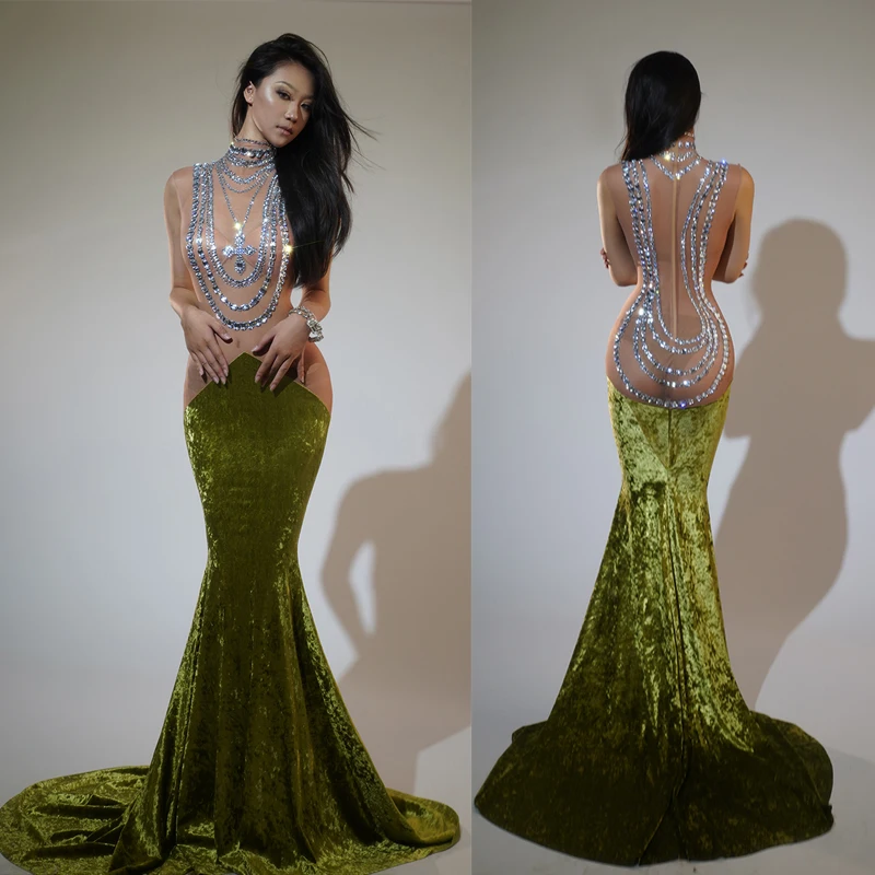 

2024 Perspective Sexy Rhinestones Green Velvet Dress Nightclub Bar Dj Performance Dress Female Singer Gogo Stage Wear DN19215